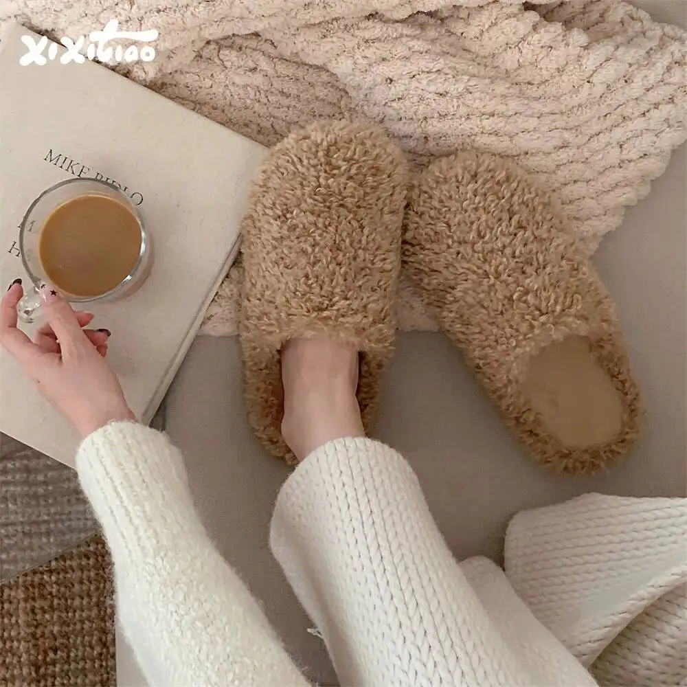 

Women's Simple Furry Home Slippers Winter Warm Comfortable Non Slip Indoor Household Slippers Cotton Footwear