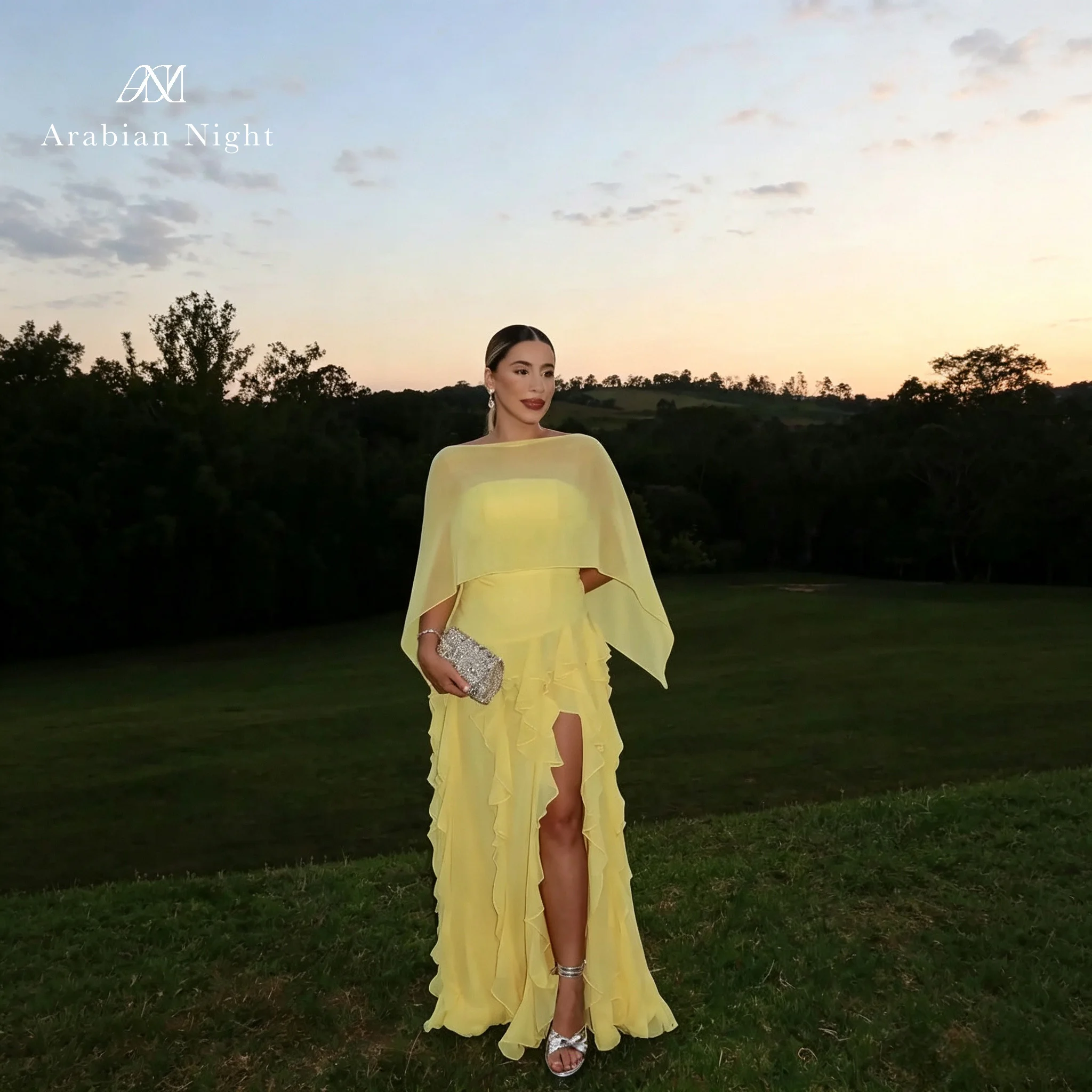 Yellow Chiffon Long Evening Gown Cape Shawl Design Ruffle Slit Maxi Dress For Banquet Cocktail Party Occasions