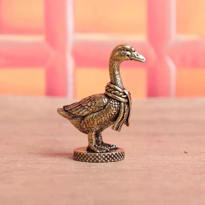 .Ancient Brass Small Tea Pet Ornaments Scarf Goose Figurines Lucky Copper Home Decoration For Study Desk Living Room