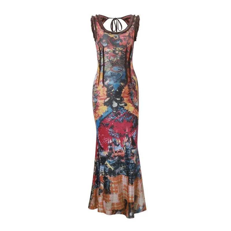 Estilo europeo primavera nuevo y2k Millennium Spice Girl retro graffiti estampado cuello en U cintura alta vestido halter Mujer