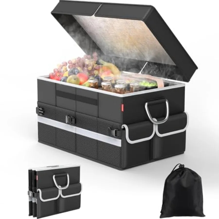

Cooler Bag Soft Travel Cooler Holds 45 Cans, Stays Cold for 8H and Warm for 7H Portable Car Trunk Organizer for Camping, Beach,