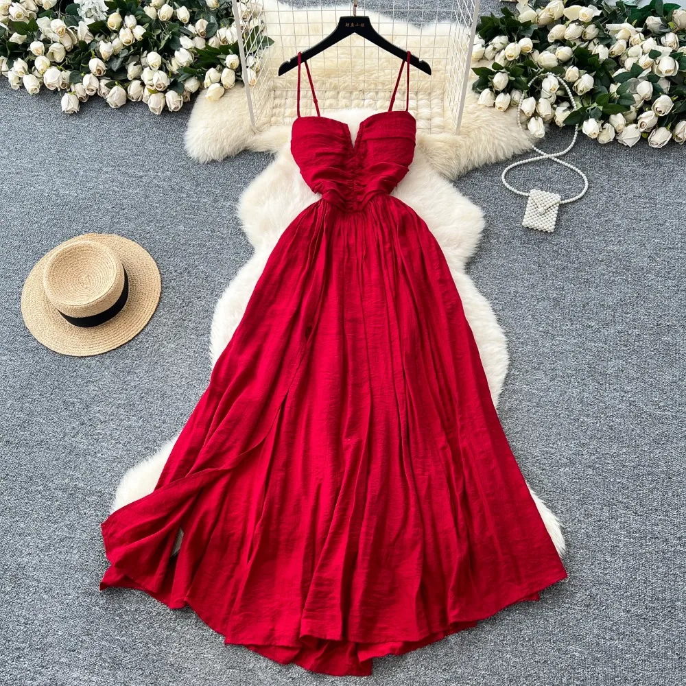 シックなセクシーな背中の開いたスプリットハイウエストスリップドレス妖精カジュアル A ラインドレス休暇 Vestidos 女性自由奔放に生きるサンドレス