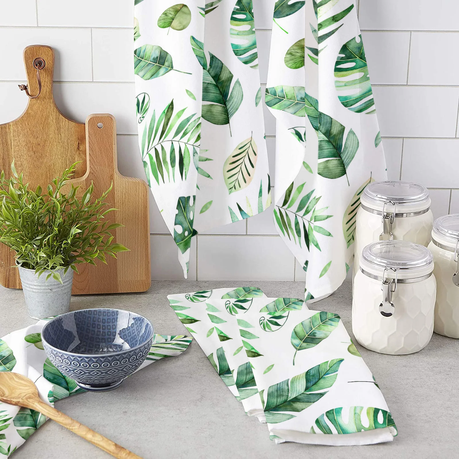 Tropical Leaves Palm Tree Green Plant Kitchen Towels Household Kitchen Tools Accessories Microfiber Wiping Towel Cleaning Cloth