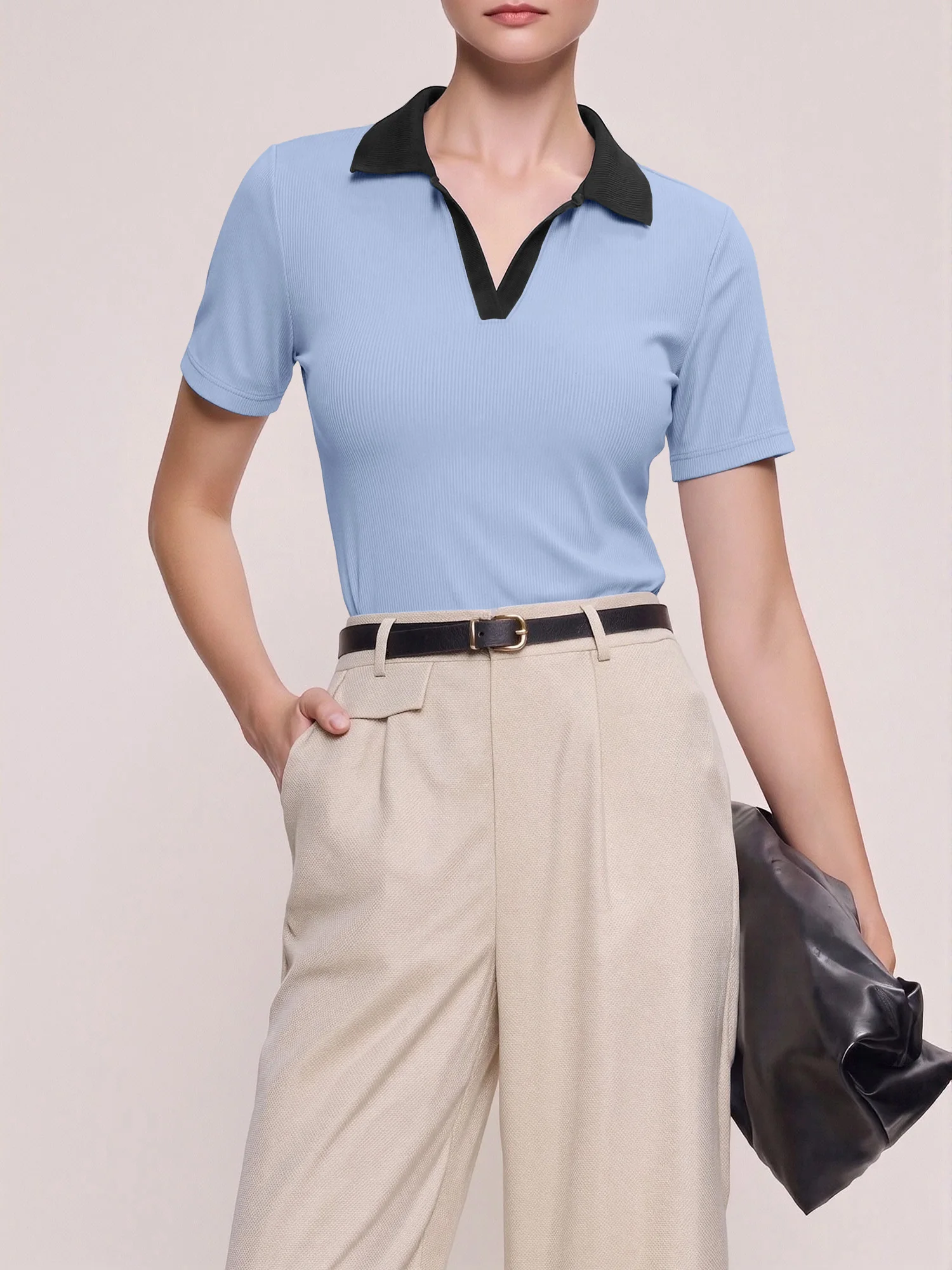Essential Fitted Polo Blouse, Ribbed Knit Contrast Collar Top for Mix‑and‑Match Wardrobe Combinations