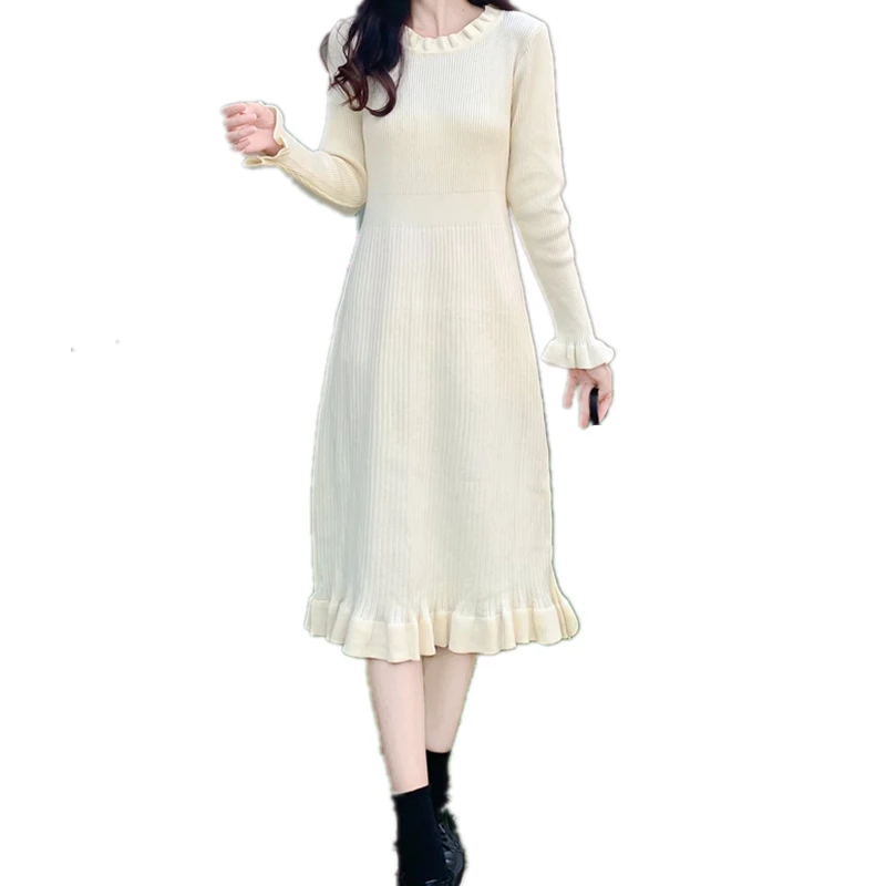 تنورة ماكسي طويلة محبوكة ملونة للخريف والشتاء، طبقة أساسية داخلية جديدة للنساء بمقاسات كبيرة