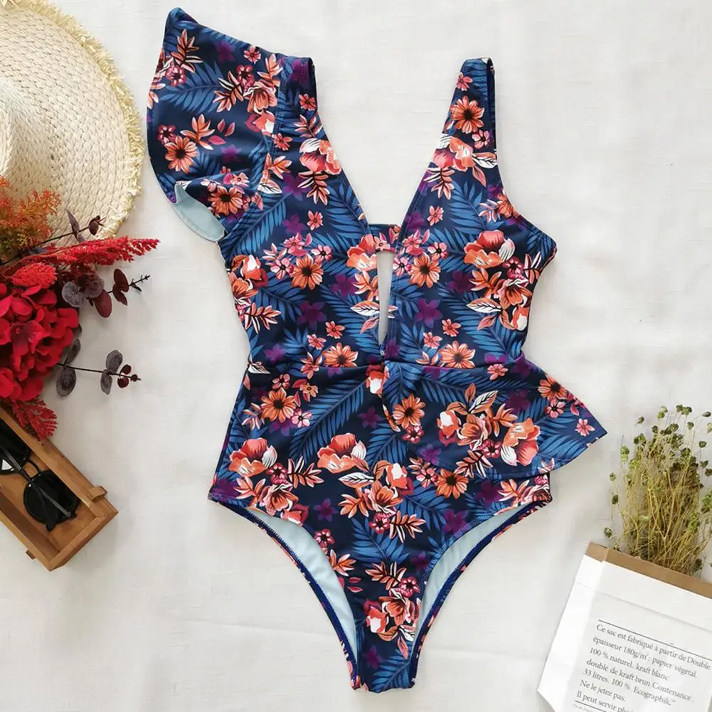 

Stylish One Piece Swimsuit Bright Color Summer Sexy Ruffle One Piece Monokini Swimsuit Monokini Floral Print Monokini