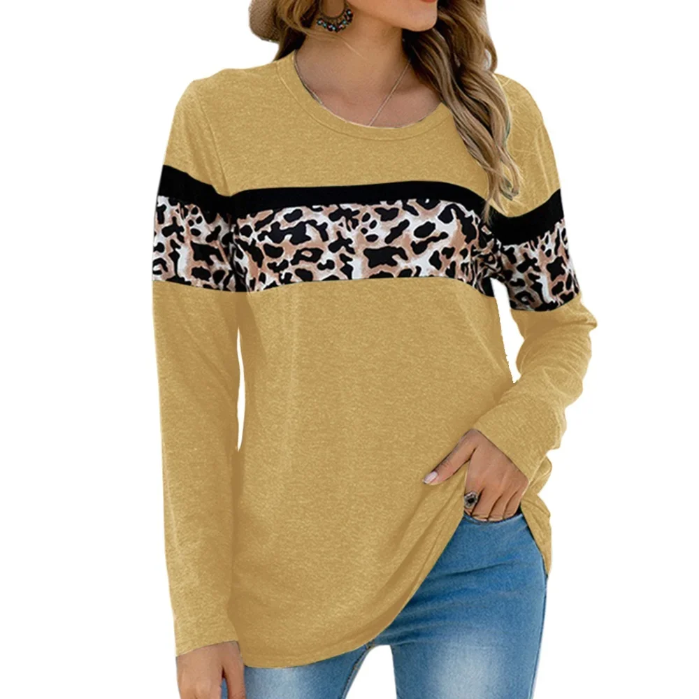 Spring and Autumn Women Fashion Round Neck Patchwork Leopard Print T-Shirt Casual Fashion Pullover Long Sleeve Loose Tops