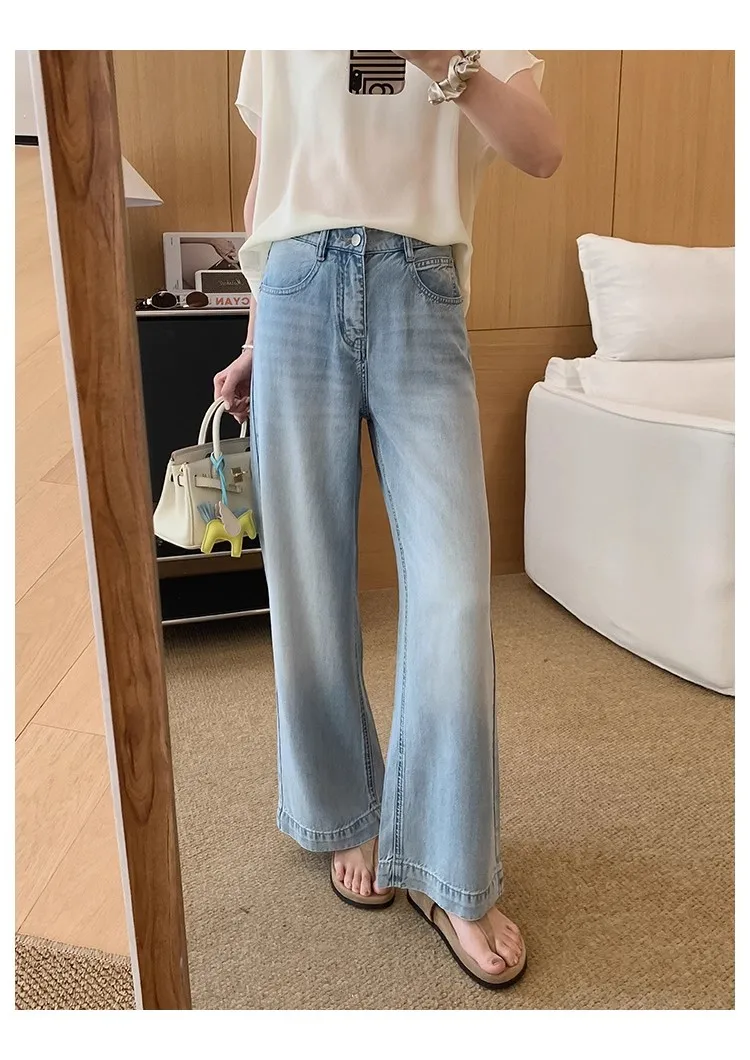 Celana Kaki Lebar Wanita Tencel Denim Pinggang Tinggi Longgar Lembut Ringan Nyaman Jeans Musim Panas