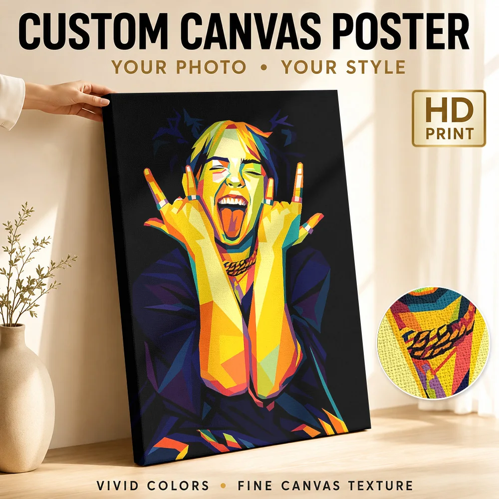 Billie Eilish Portrait Framed Canvas Print Customized Photo Geometric Color Blocking Wall Art For Record Shop Listening Area
