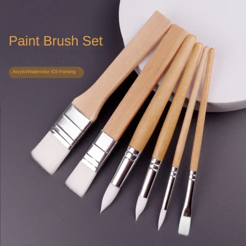 

6 Pcs Short Wood Rod Combination Multi-function Paint Brush Pen Set White Nylon Hair Watercolor Acrylic Painting Brush Art Tools