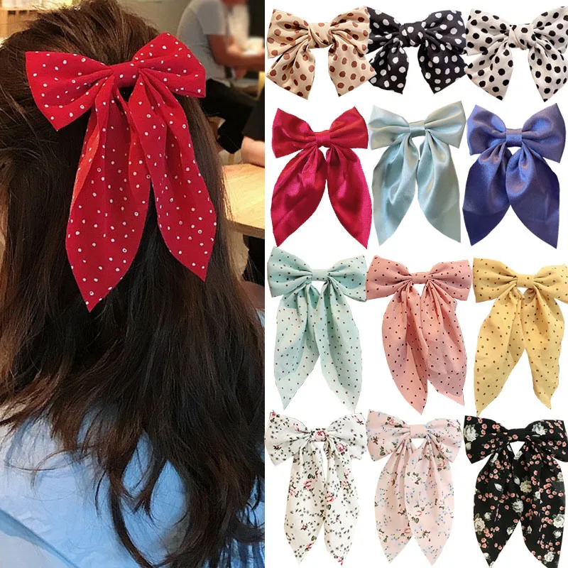 25 Style Big Bow Hair Clips For Women Fashion Long Ribbon Dots Print Chiffon Hairpins Girls Hair Accessories Barrettes Hairbands