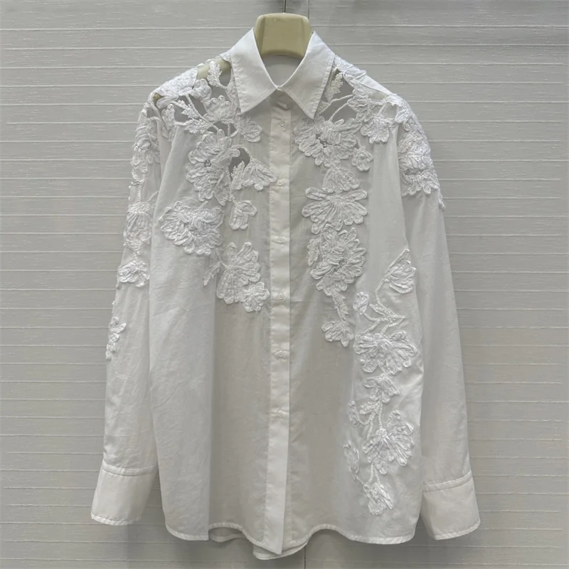 

Women's shirt New autumn 2025 lace flower embroidery lapel long sleeved top pure cotton hollow Women's blouse y2k tops for woman