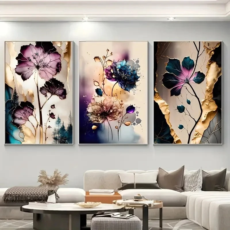 Diy Diamond Painting 3pcs Dreamy Flowers Purple Cyan Gold Wall Art 5D Full Mosaic Diamond Embroidery Decor Triptych