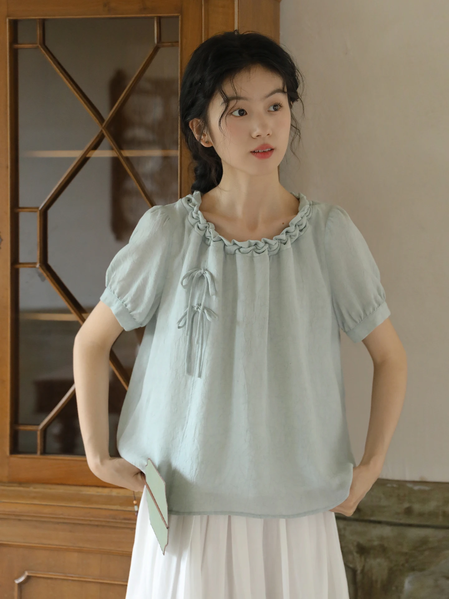 

Женская свободная блузка Nesoulum из льна и шелка с коротким рукавом, летняя, в винтажном стиле, синяя, мятная, пшеничного цвета, с узлом