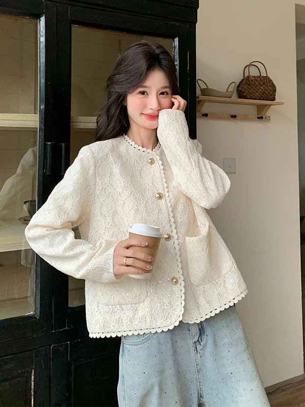 

Milk White Lace Trim ort Quilted Jaet Women's Sle Spring 2025 New Name Lady Ele High-End Feeling Top Commute Sle