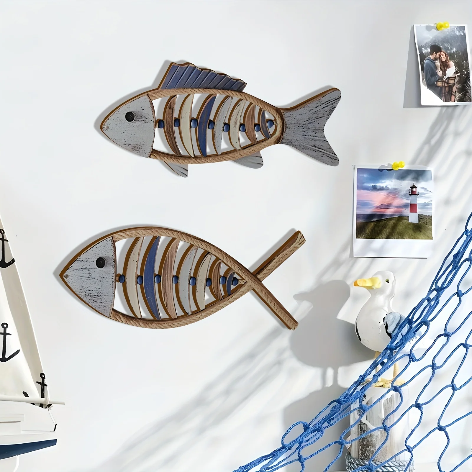 Retro 1PCS 2D Wooden Wall Decor Nautical Ocean-Theme Art Blue Fish Group for Bathroom Garden Home Pendant Summer Festival Gift