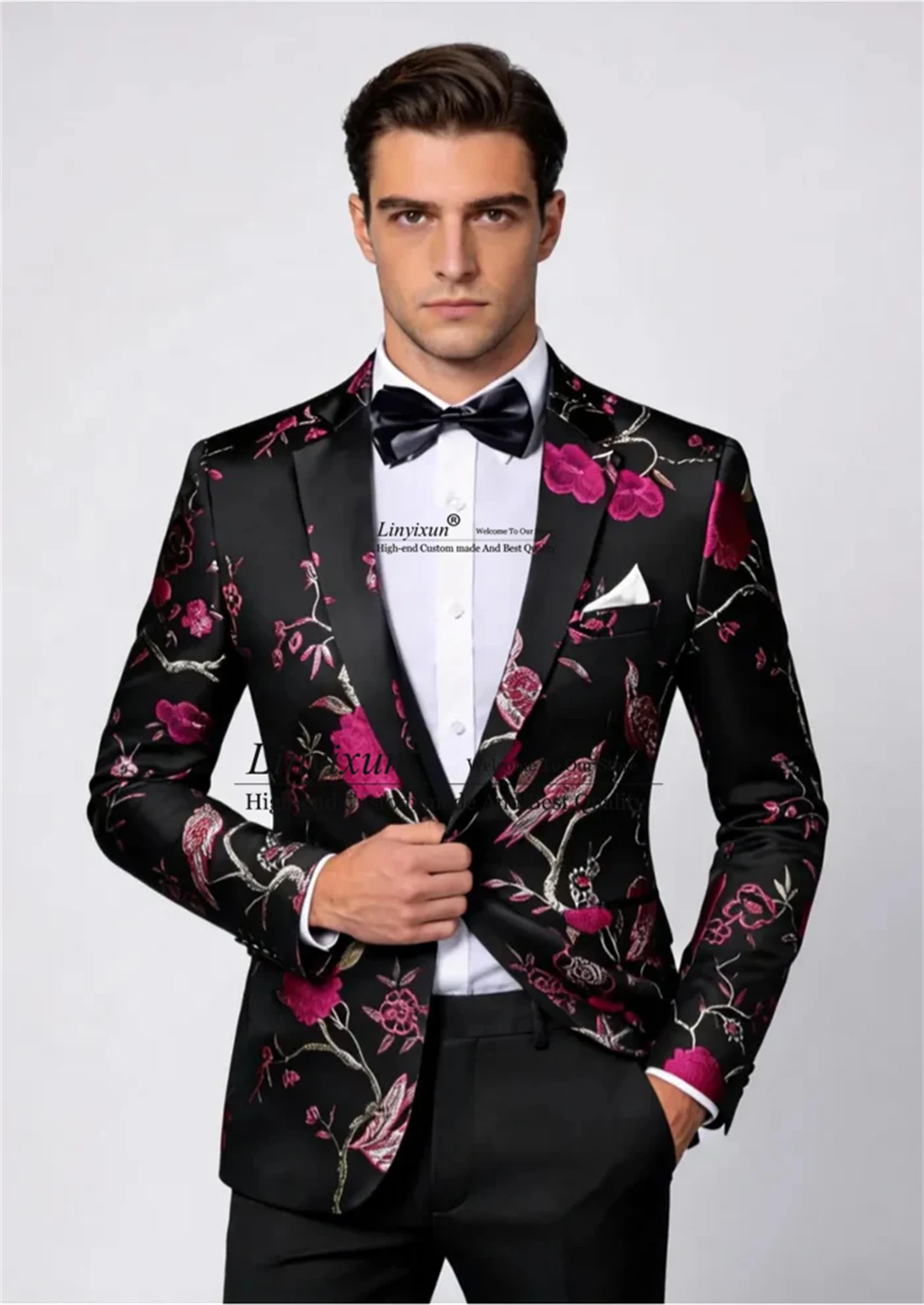 Men's 3-Piece Forest Green Tuxedo Embroided Flower Fashion Print Jacquard Wedding Tuxedos  2 Piece Groom Tuxedo Outfit Set