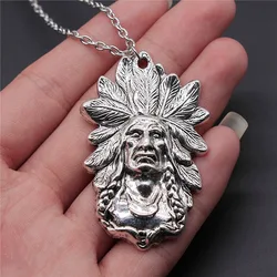 Antique Silver Plated 58x35mm Indian Chief Pendant Necklace For Women Men Long Chain Trendy Jewelry Accessories