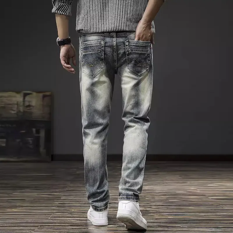 HombreStreet fashion men's jeans retro blue washed elastic slim fit corrugated jeanY2Ks men's designer retro jeans hombre