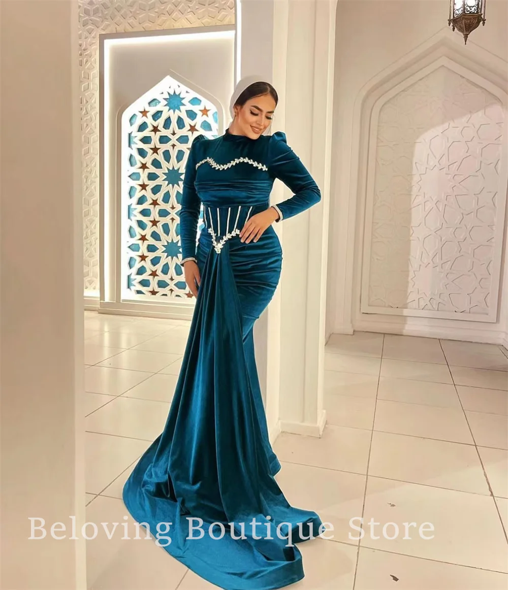 Robe de Soirée Sirène en Velours Bleu pour Femme Musulmane, Tenue de Fiançailles à Manches sulfavec Perles de Dubaï, 2024