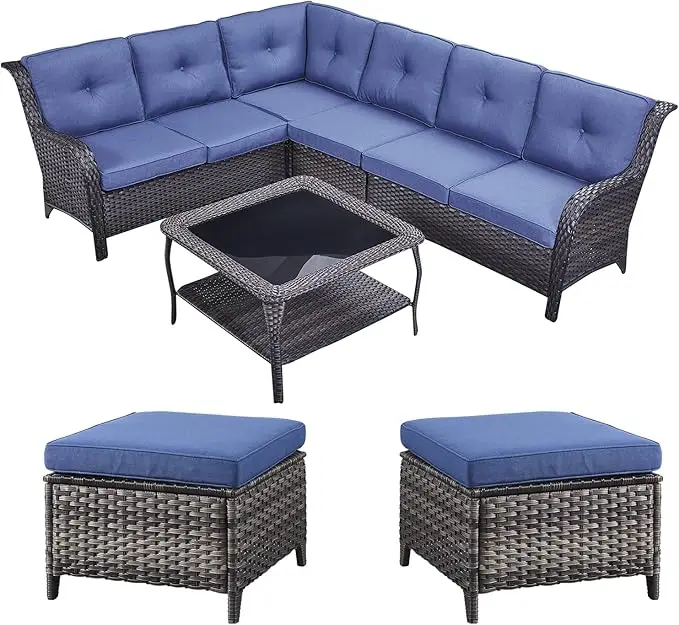 6 Seater Sectional Conversation Sets with 2 Ottoman,2 Loveseat,1 Corner Sofa,1 Armless Chair and 1 Square Glass Top Coffee Table