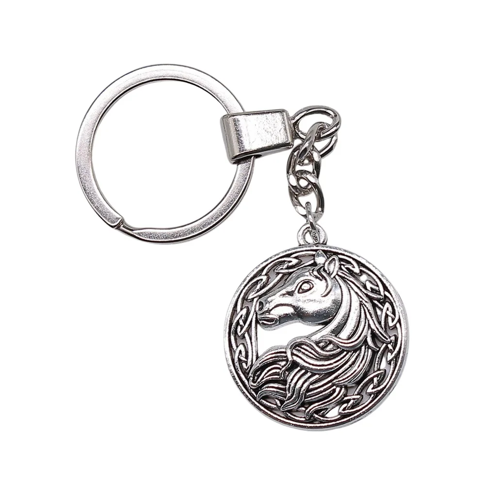Keychain Holder Souvenirs Gift Vintage Handmade Antique Silver Color 34x30mm Horse Pendant Keyring