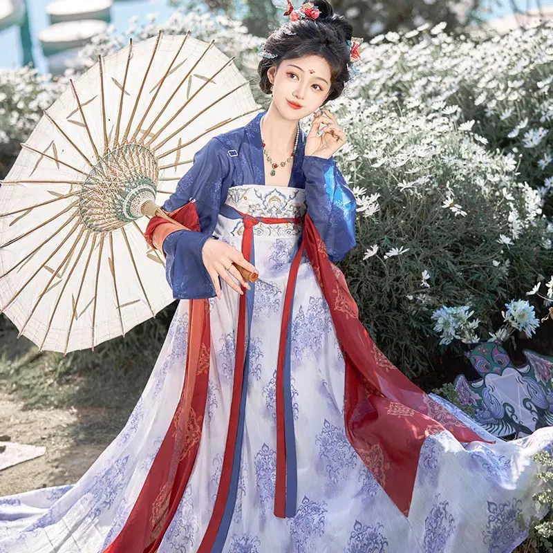 Hanfu Tang-made restored blue and white porcelain chest-length skirt national style embroidery spring and summer suit