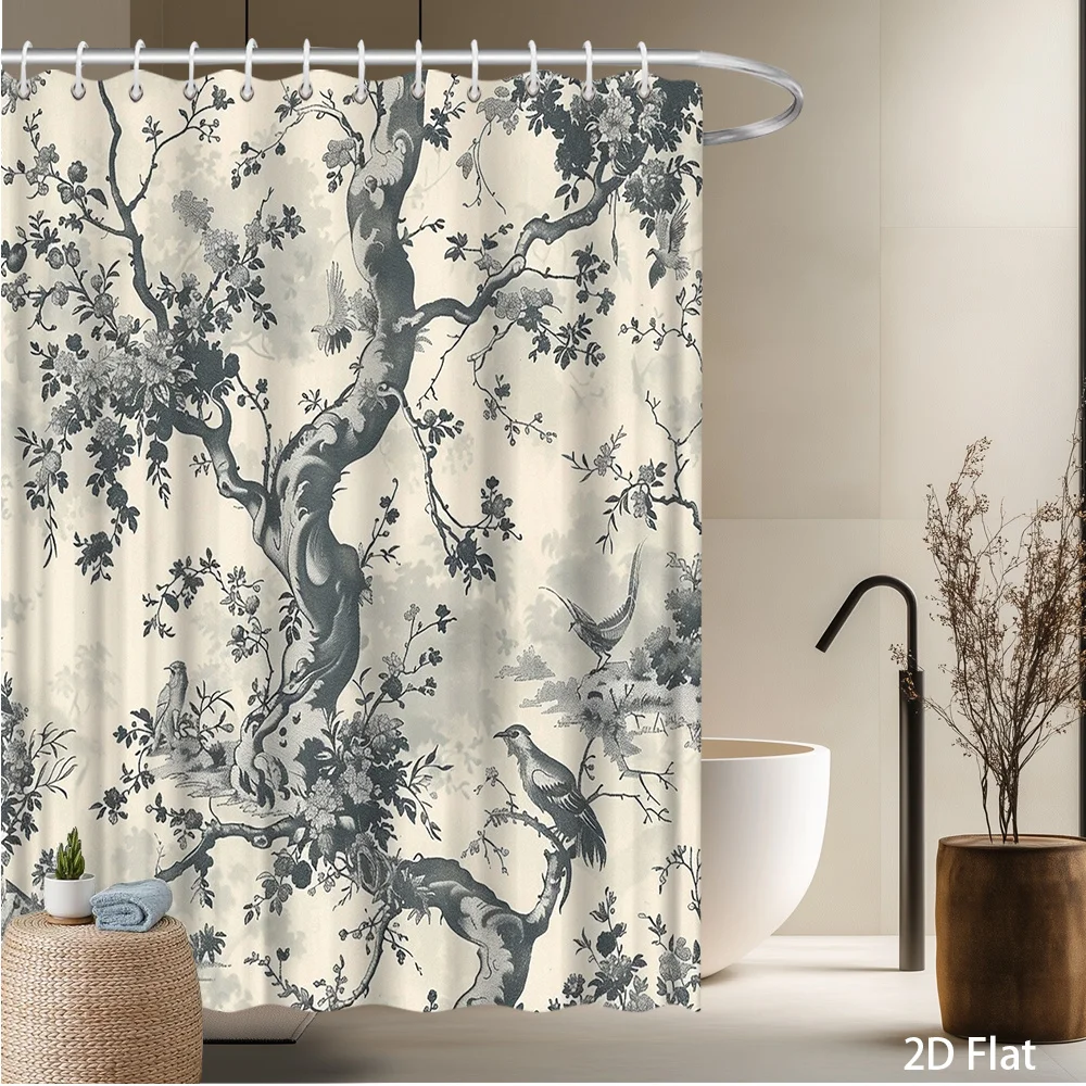 Botanical Tree & Bird Shower Curtain – Gray-White Nature Print, Elegant Branches & Flying Birds Design, Multiple Sizes Available