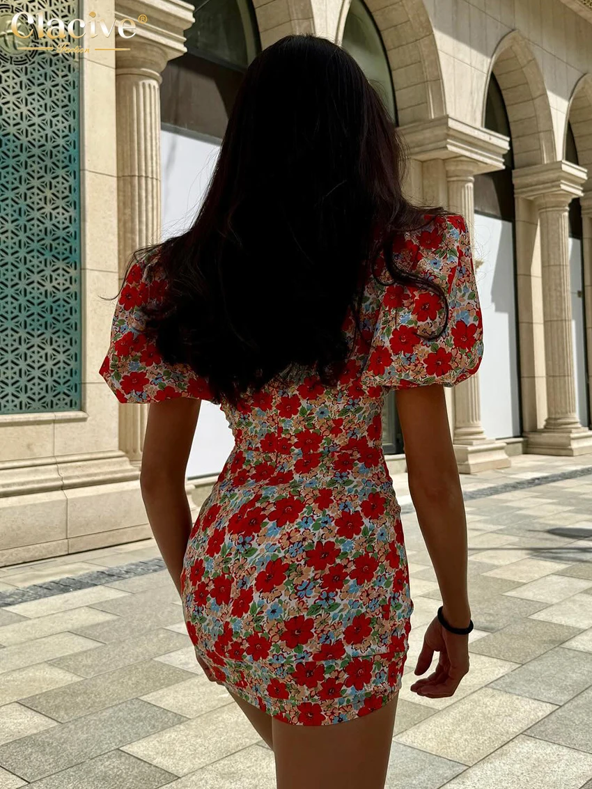 Women's Ruched High-Waist Mini Dress - Lapel Short Sleeve Print