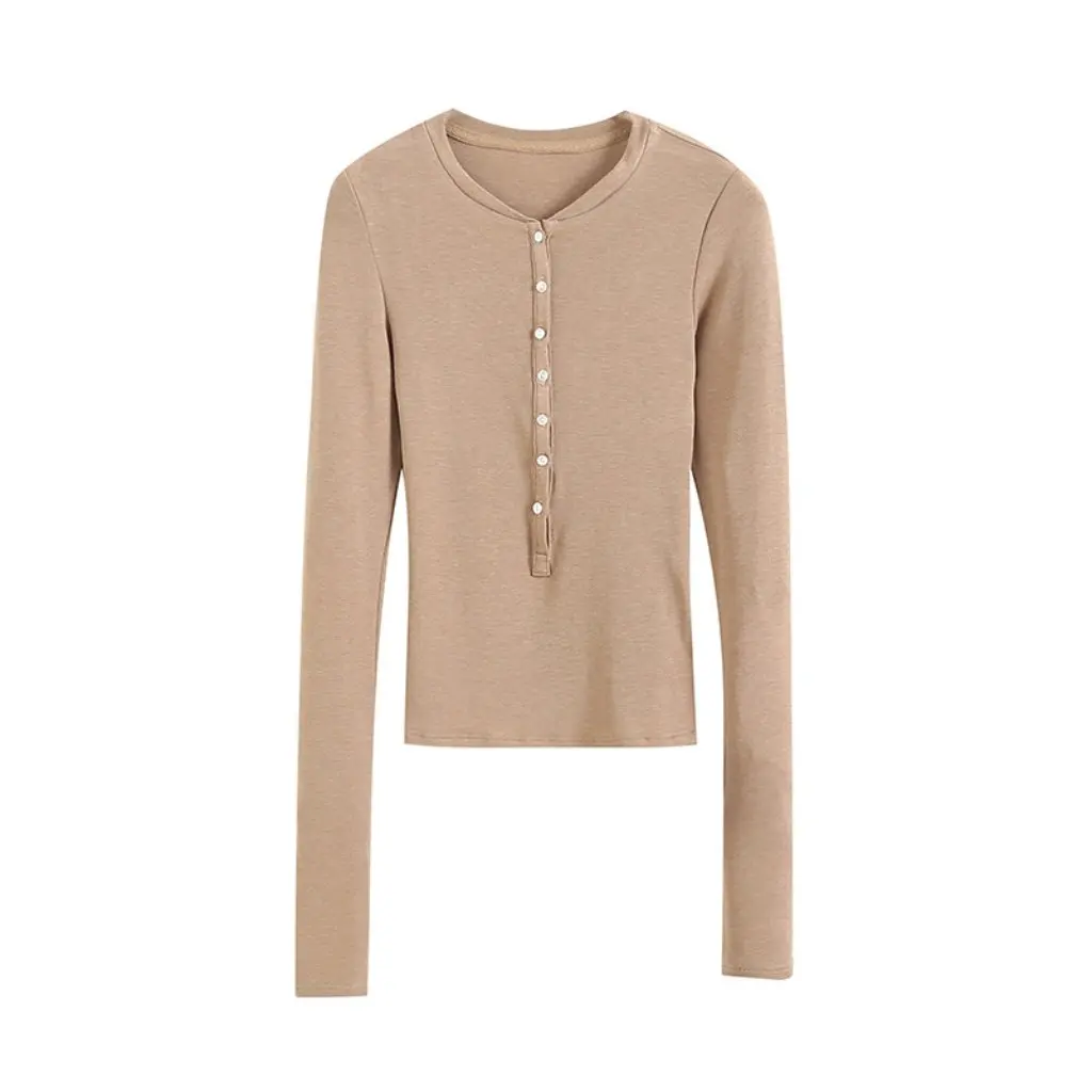 

Women's Slim Fit Wool Sweater Henley Collar Sweet Spicy Style with Shell Buckle Detail for Autumn Winter Inner Wear