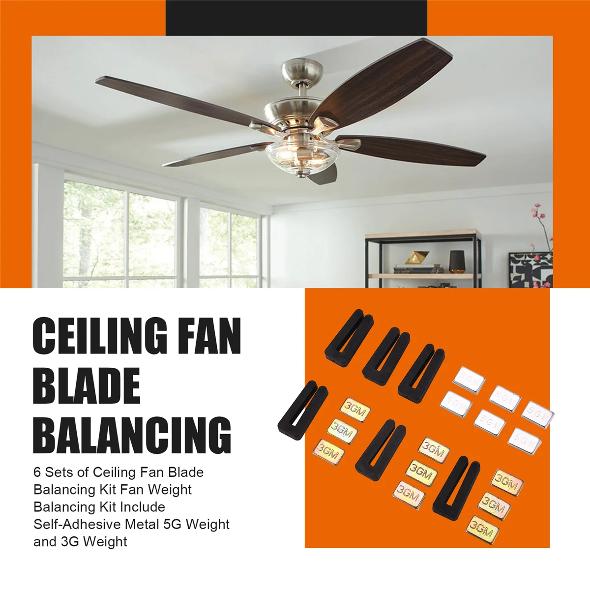 6 Sets of Ceiling Fan Blade Balancing Kit Fan Weight Balancing Kit Include Self-Adhesive Metal 5G Weight and 3G Weight Vogue