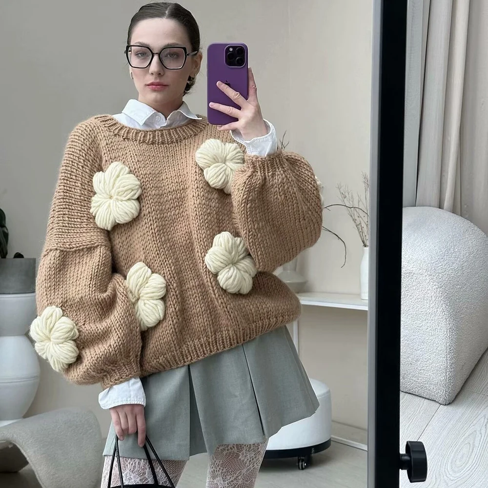 2024 Autumn And Winter Women's Sweater Handmade Flower Decoration Cute Knitted Sweater Loose Long Sleeve O-Neck Pullover Top