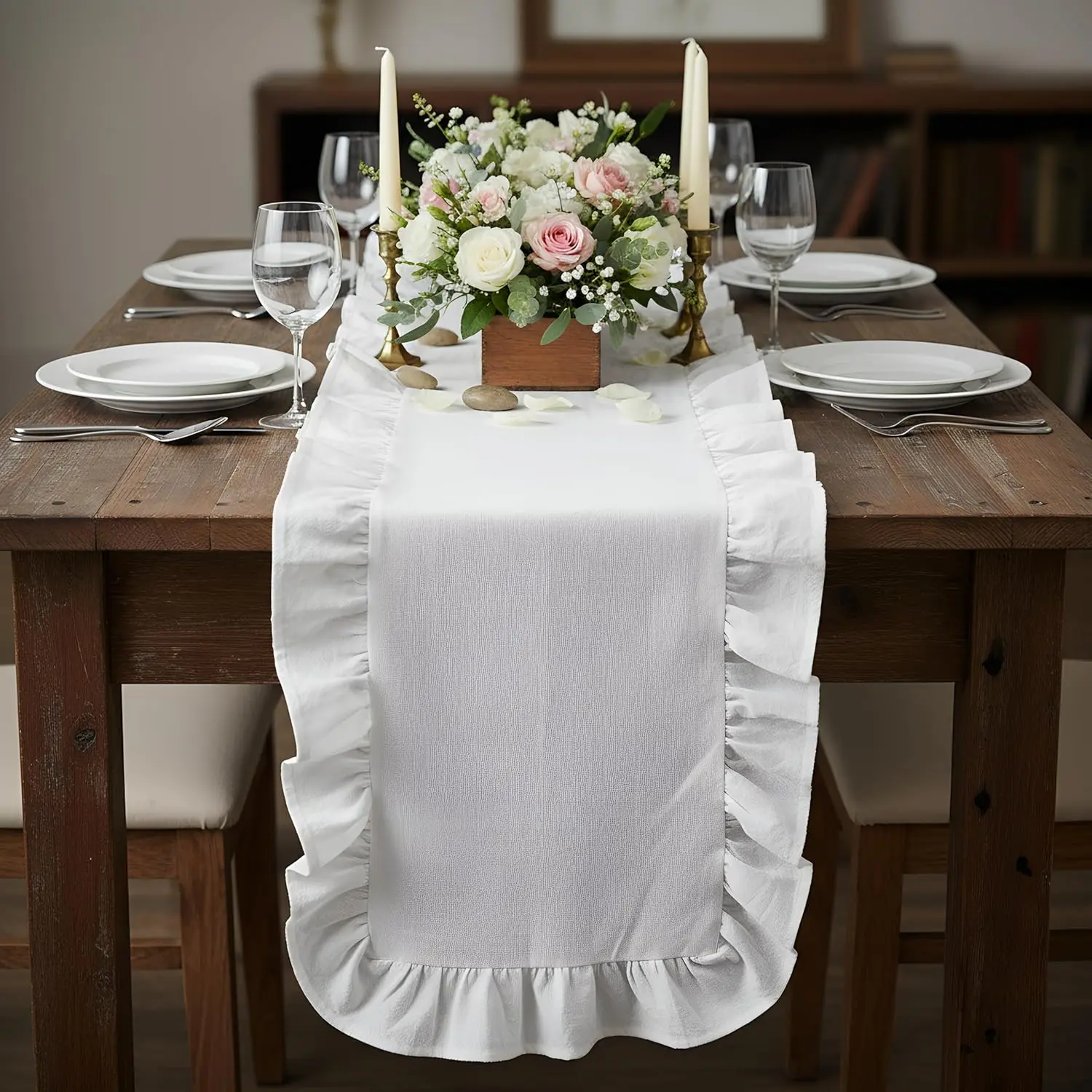 Ruffle Table Runner 100% Cotton Fabric Farmhouse Rustic Ruffled Edge Table Runner Wedding Decor for Christmas Holiday Baby Showe