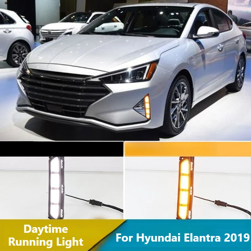 

For Hyundai Elantra 2019 Car Led Daytime Running Lights DRL Yellow Dynamic Turn Signals Front Fog Lights Modified White Daylight