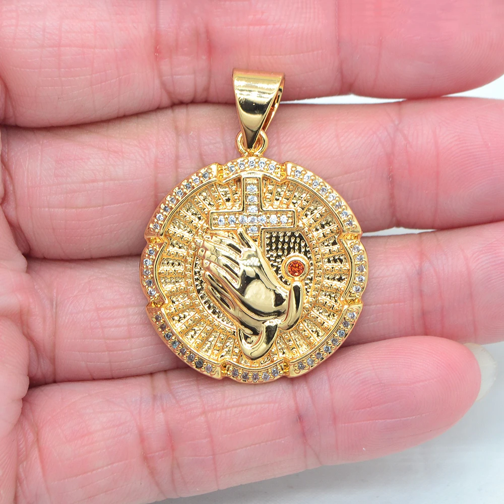 High Quality Gold Color Clear Cubic Zirconia Round Cross Praying Hands Pendant Jewelry