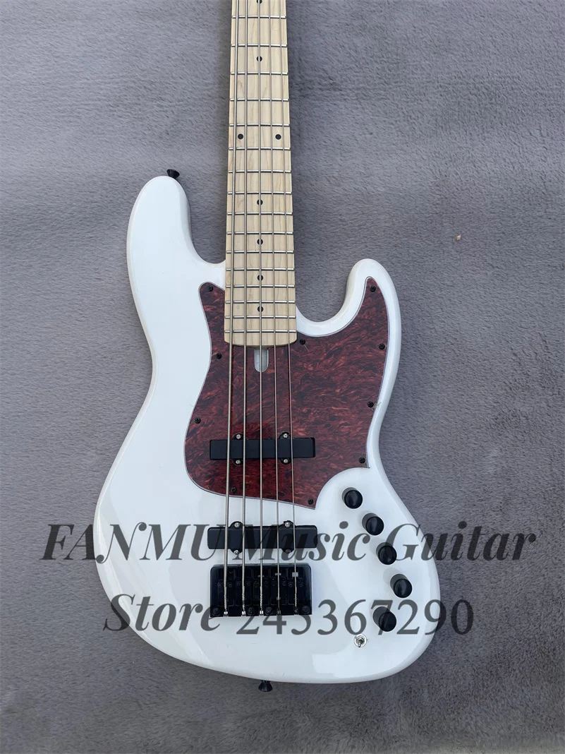 White bass 5-string electric bass basswood body Maple Neck Black inlay Thickened bridge active passive switch Red tortoise shell