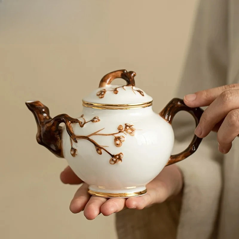 

300ml Handmade Relief Plum Blossom Art Teapot Aesthetic Sheep Fat Jade Porcelain Pot Tea Making Kettle Teaware Accessories Gift