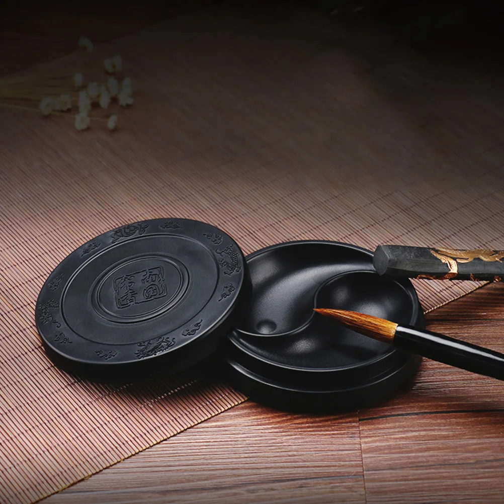 Beginner Ink Stone Set Grinding Chinese Calligraphy Round Inkstone with Lid Paper Writing Painting Brush