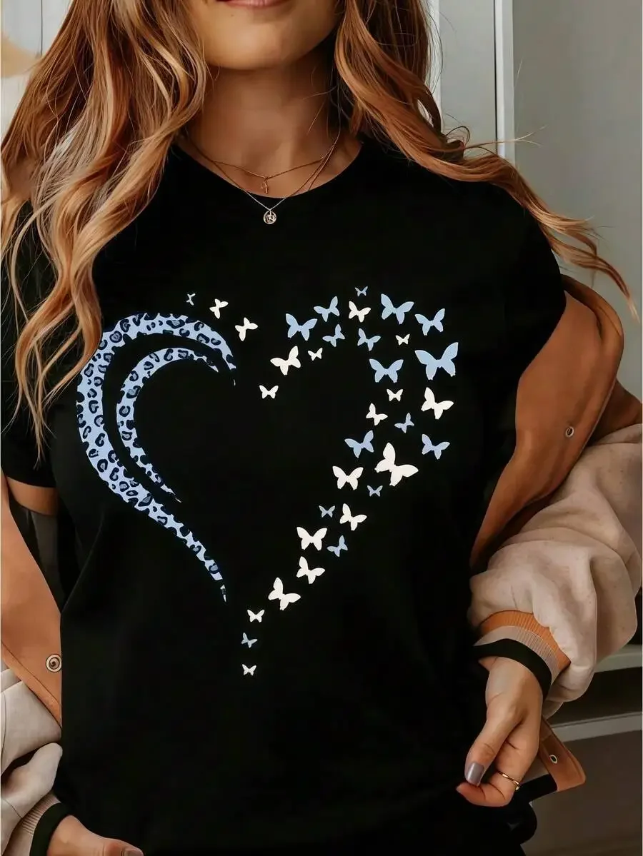 Women Beach Postcard Print Tee Cream O-Neck Short Sleeve Cute Casual Lightweight Fabric Summer Basic Women Versatile Fashion Tee