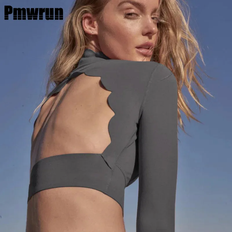 

PMWRUN 2025, топ для йоги, кружевной топ с длинными рукавами и открытой спиной, сексуальный облегающий топ для бега, утягивающая женская спортивная одежда для фитнеса, топы, рубашки
