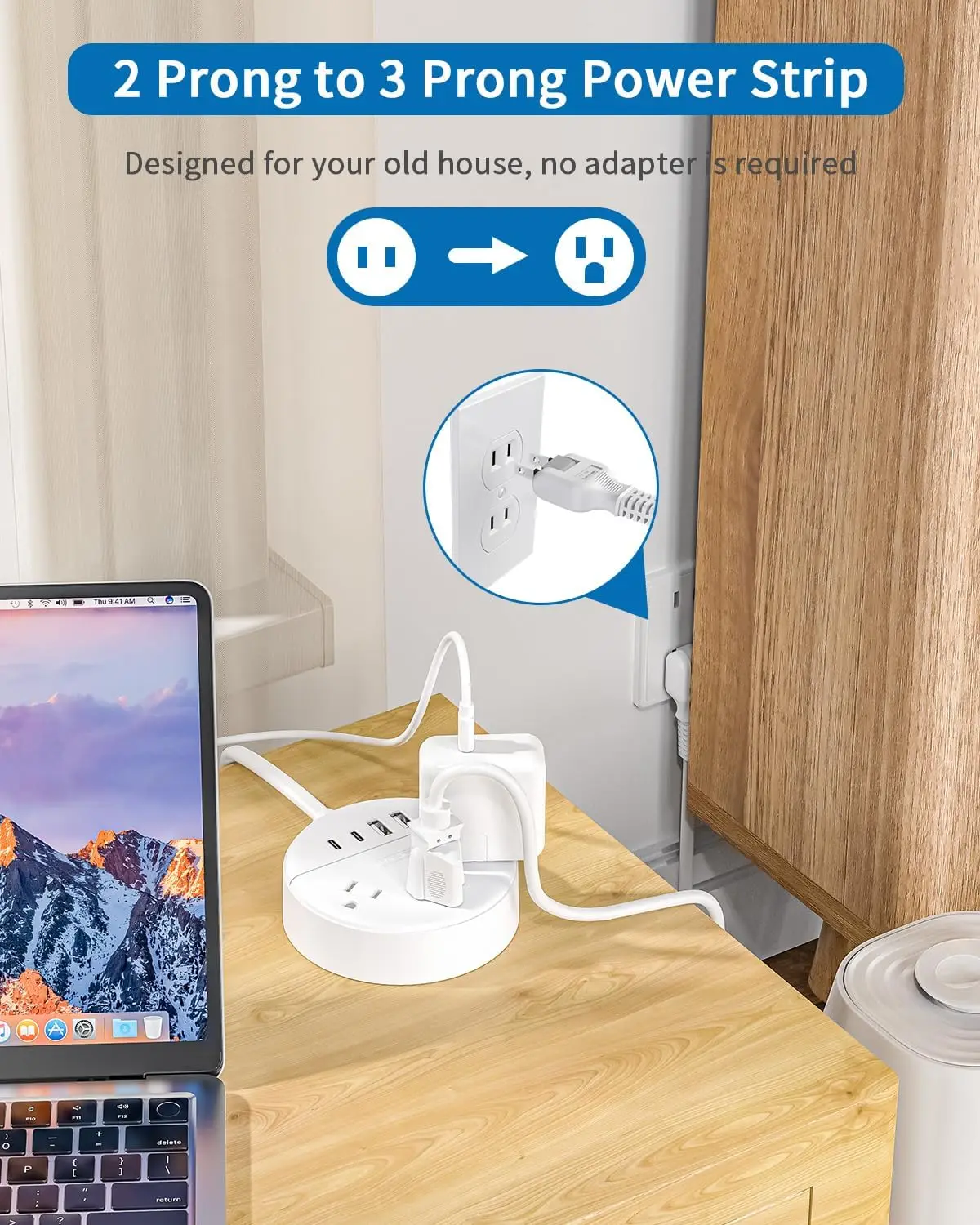 US Plug Power Strip พร้อม 3 ช่อง 2 พอร์ต USB (2 USB-C) ปลั๊กหลายปลั๊ก 25 ฟุตสายไฟต่อปลั๊กหมุนได้ตัวกรองเครือข่าย