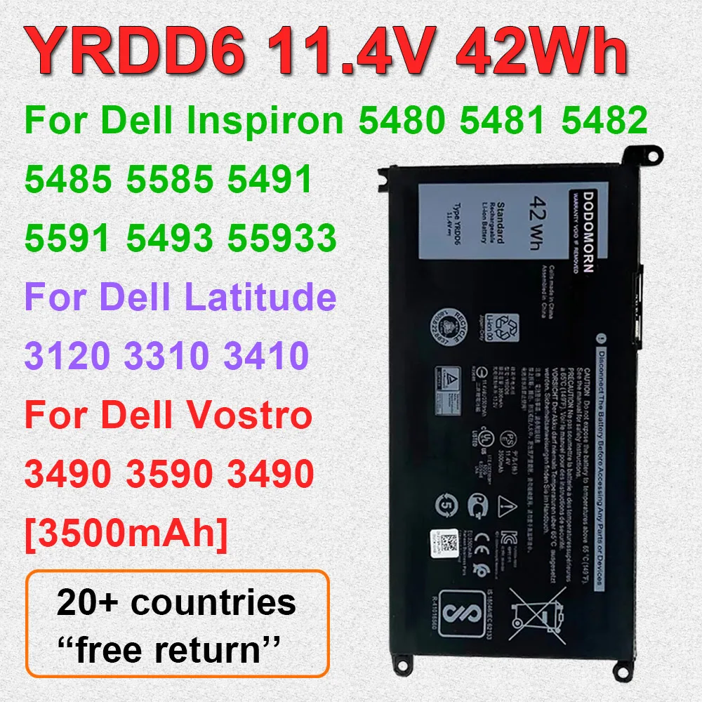 YRDD6 batería para Dell Inspiron 5480, 5481, 5482, 5490, 5590, 5491, 5591, Vostro 3490, 3590, 3491, 3591, 3310, 3410, 3510, 3400, 42Wh
