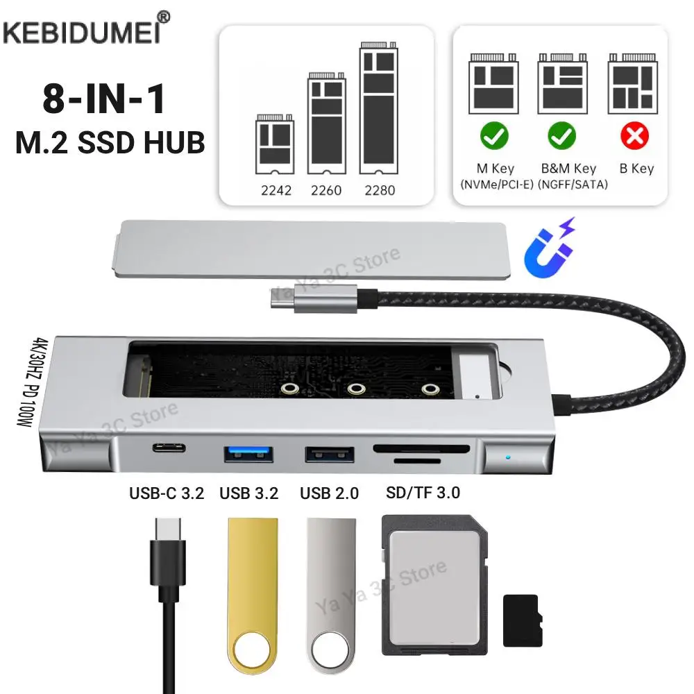 

8-in-1 USB C Hub With M.2 SSD Hard Disk Enclosure Support NVME&SATA PD100W USB3.2 10Gbps HD SD/TF Reader for Macbook Pro Air PC