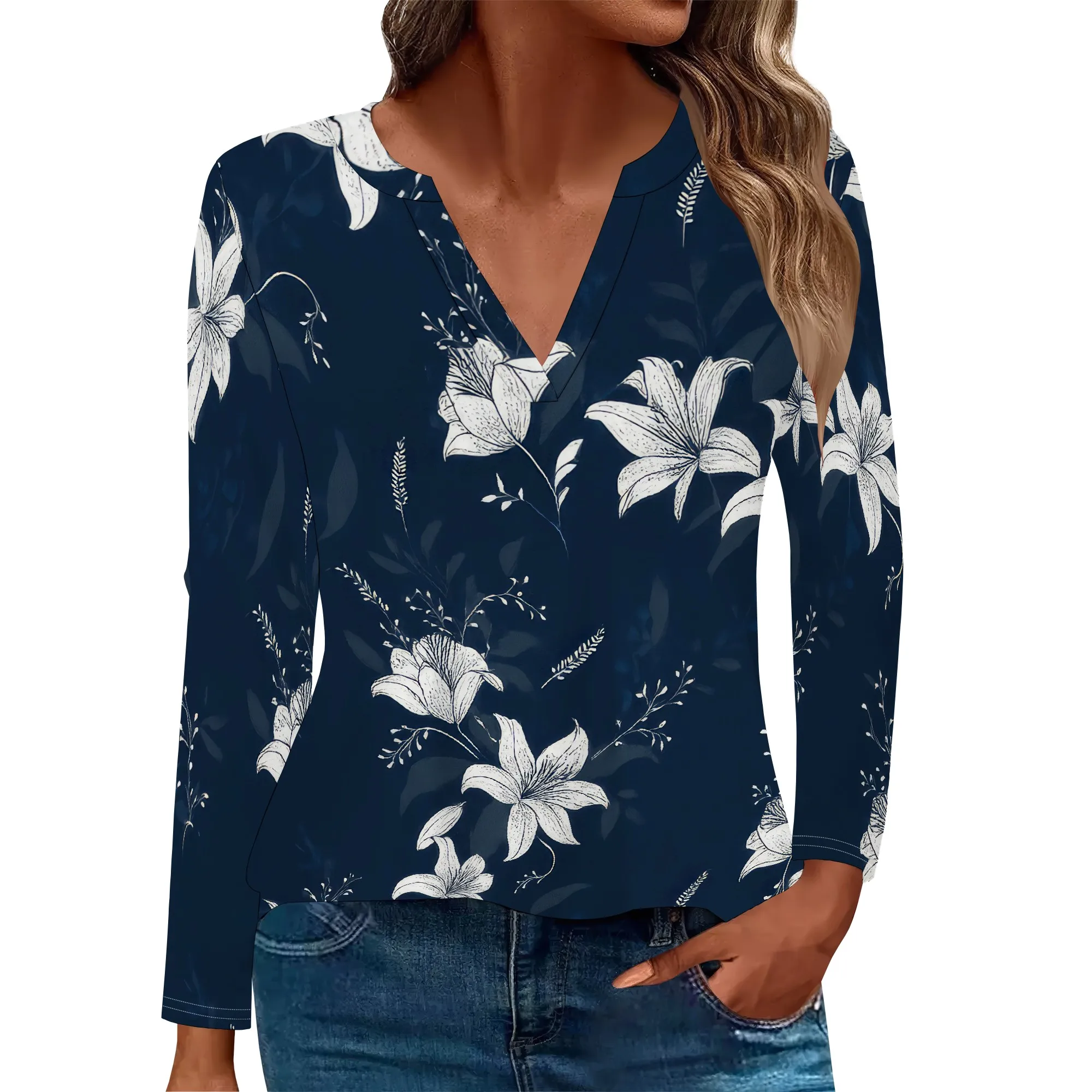 

3/4 Sleeve T Shirts for Women Casual V Neck Tshirt Ladies 2024 Floral Tunic Top Elbow Sleeve Floral Print Blouse