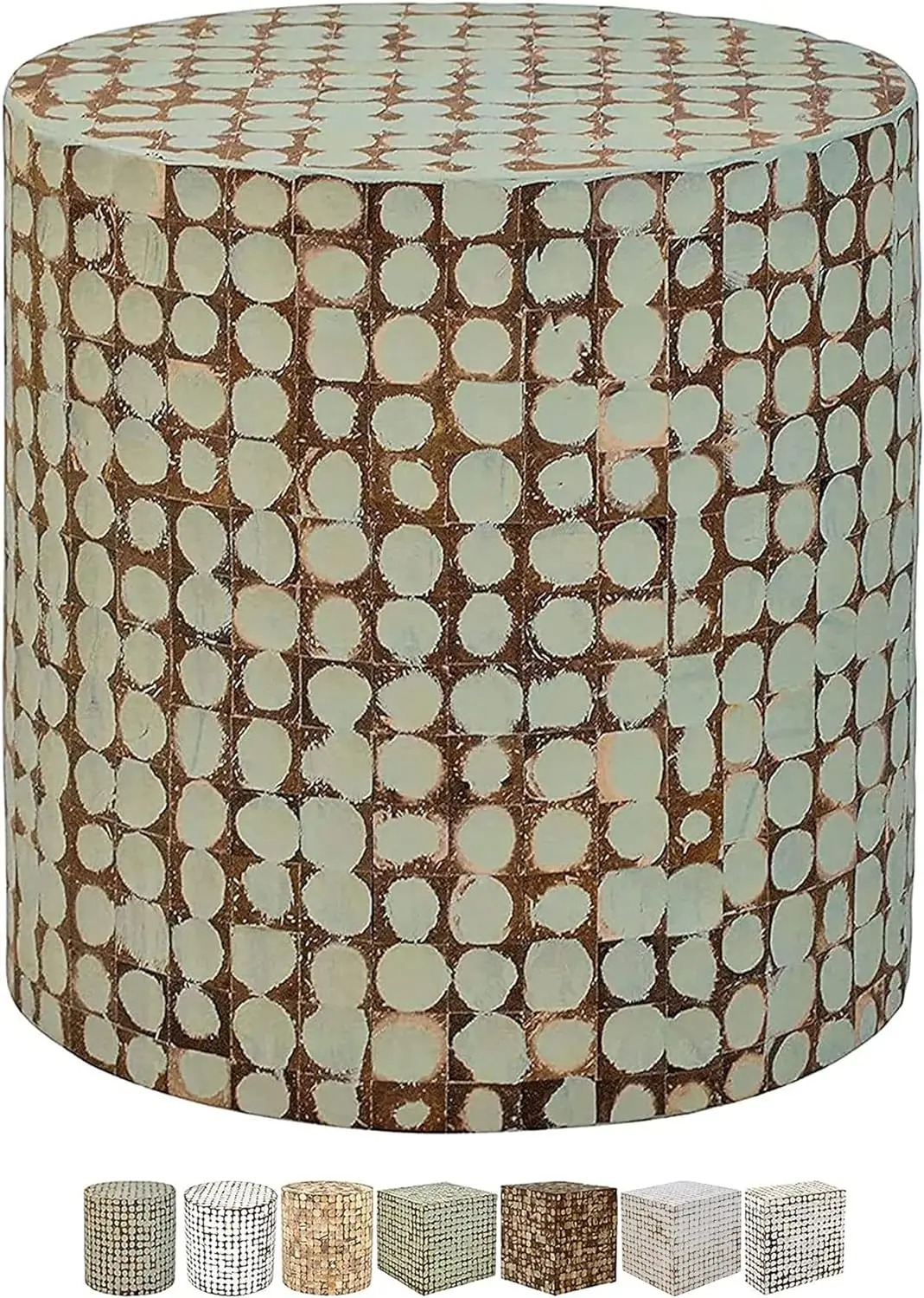 

East at Main Round Side Table - Real Coconut Shell Mosaic Inlaid, Pre-Assembled, Natural Wood and Patina Finish (Sage Green)