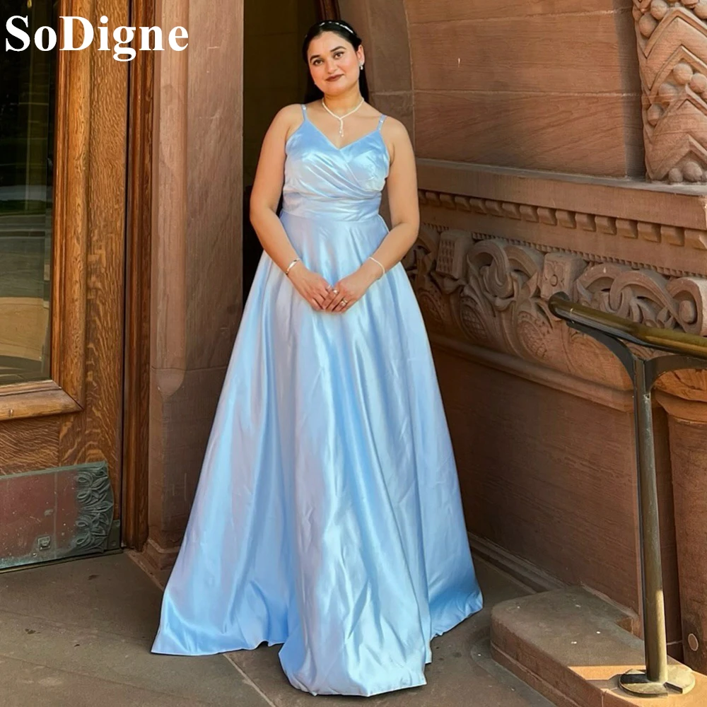 

SoDigne Sky Blue Satin Evening Dresses Spaghetti Strap A-Line V-Neck Party Dress 2024 Simple Prom Gowns for Women Plus Size