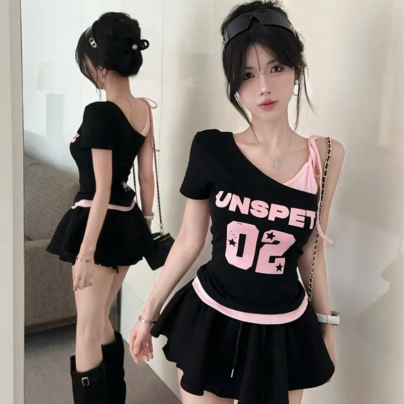 American Style Spicy Girl Patchwork T-Shirt Women's Color Block Asymmetrical Print Short Mature Lady Top Ins Short Sleeve