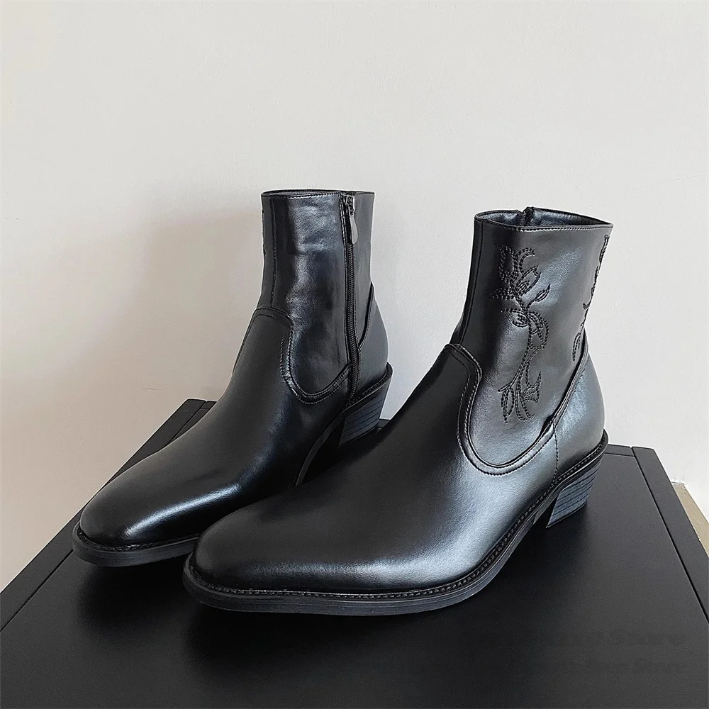 Embroidered Genuine Leather Short Boot for Men Vintage Pointed Toe Chunky Heel Side Zipper Trendy Black Casual Chelsea Boots
