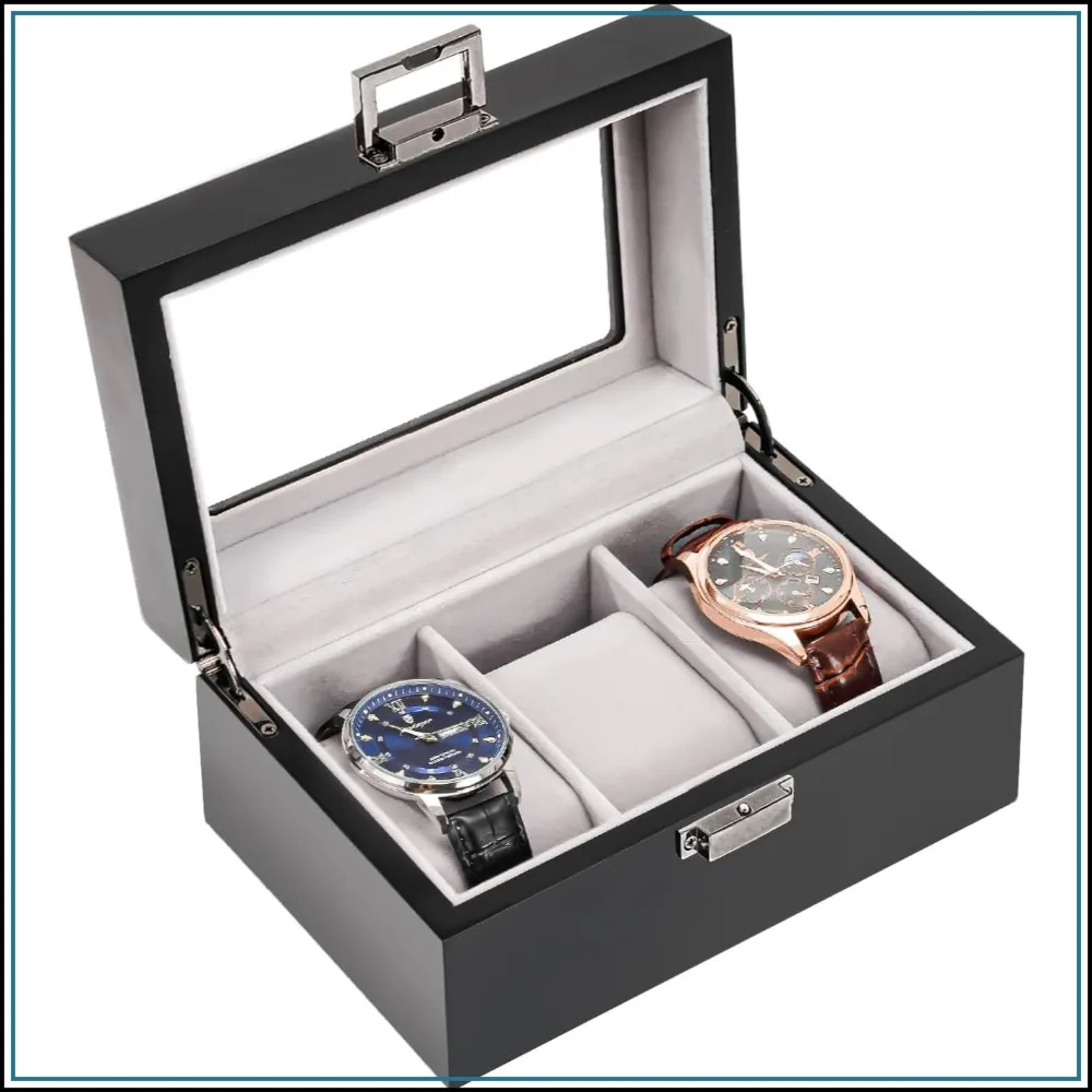 Wooden Watch Box for Men, 3-Slot Watch Display Case with Glass Lid, Watch Organizer Storage, Matte Black