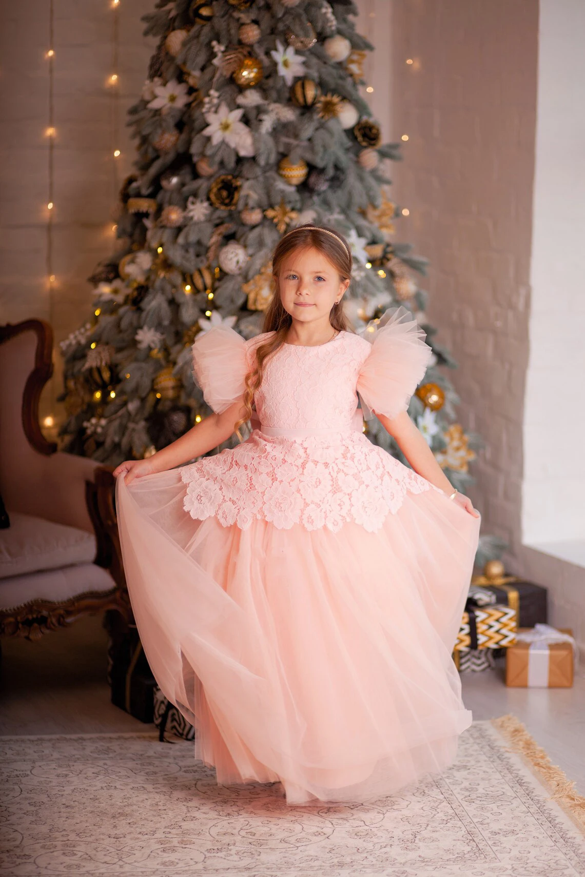 Rosa Blumen mädchen Kleider für Hochzeit Tüll geschwollene Spitze V-Back mit Bogen Prinzessin Kinder Festzug Kleid Geburtstags feier Ballkleider